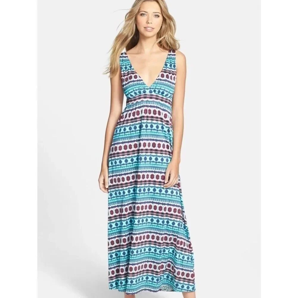 La Blanca Teal, White & Burgundy Printed Maxi Dress .Size Large